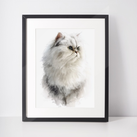 Watercolor White Persian Cat Portrait Wall Art Print Poster, Unframed - Picture 3 of 6